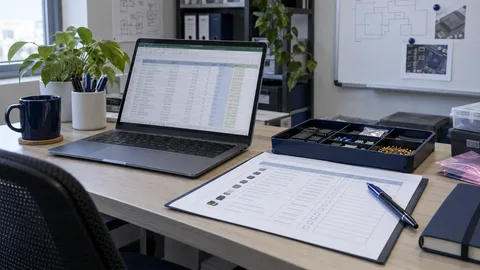رسم توضيحي لجدول BOM وقائمة تحقق وعينات مكونات على مكتب